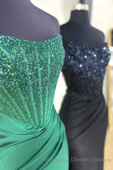 Strapless Mermaid Beaded Long Semi Formal Prom Dress With Slit